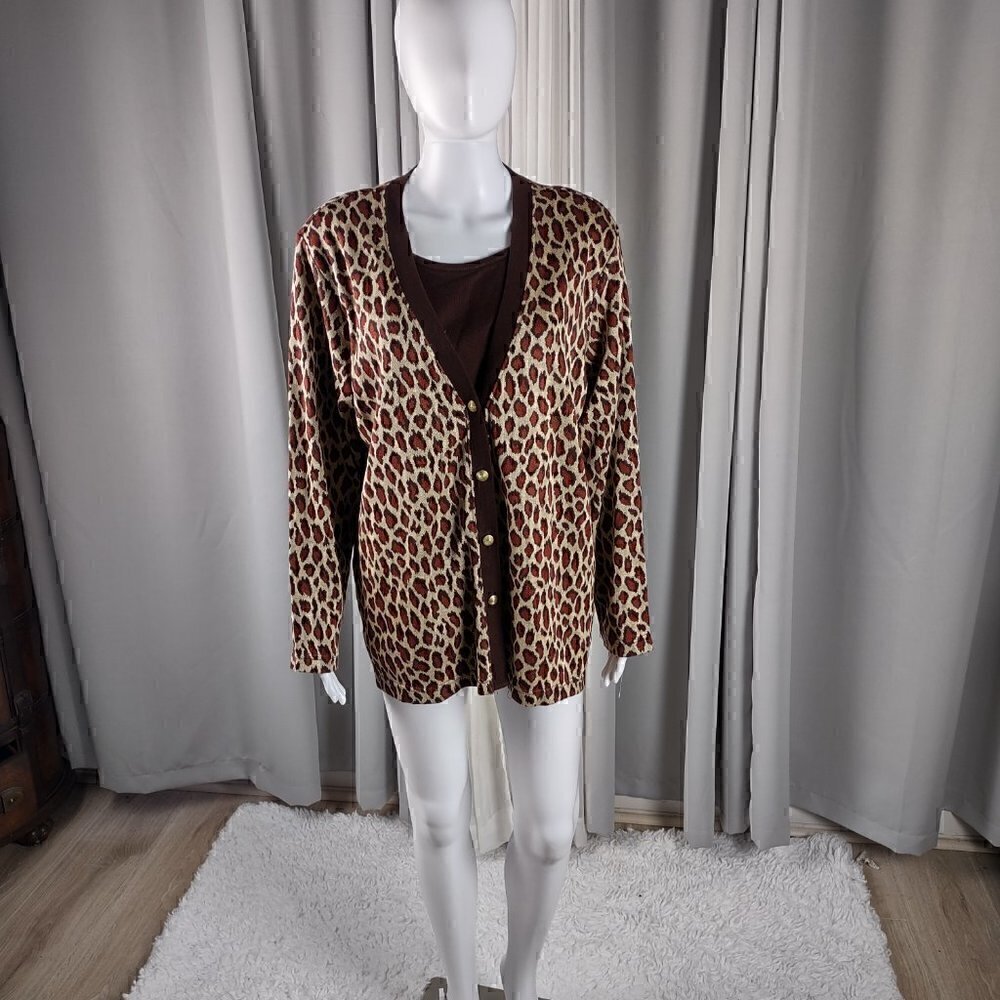 Cathy Daniels Womens Pullover Button Down Long Sleeve Animal Print Sweater Sz L - Picture 1 of 12
